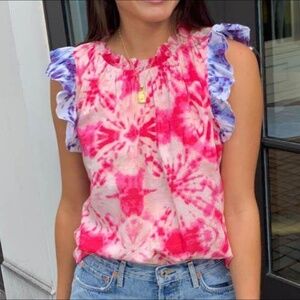Tie-Dye Ruffle Sleeve Tank Top - Pink and Blue Size XXS (Runs Oversized)